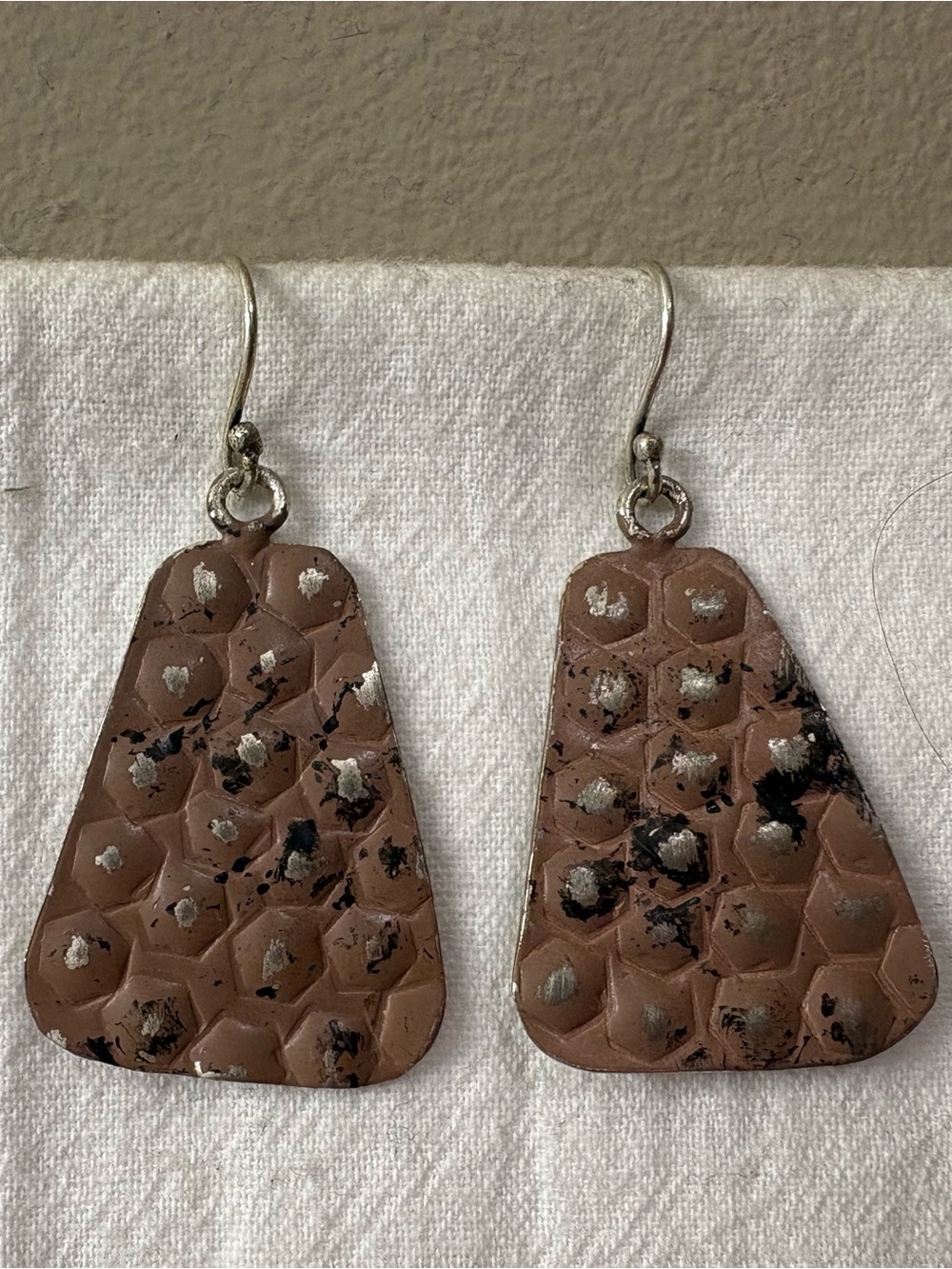 Brown Textured Drop Earrings with Silver Accents